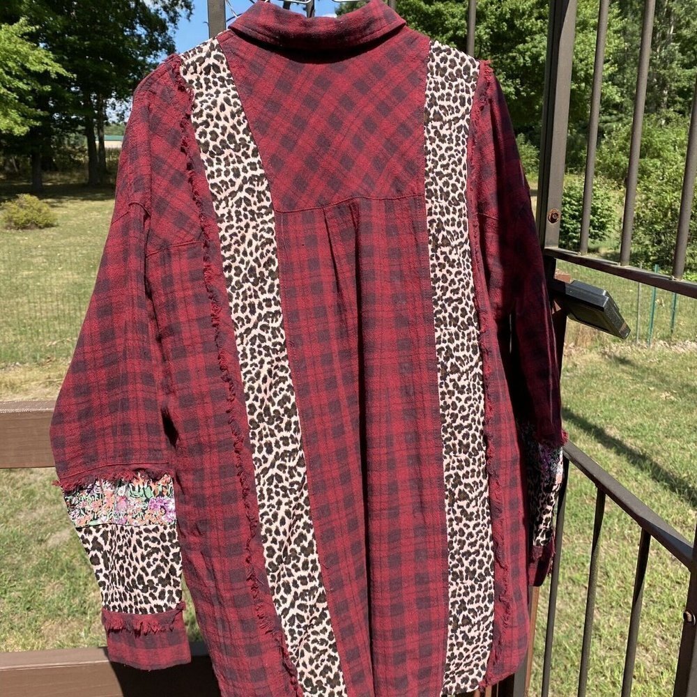 Oddy Womens Small Red Plaid Floral Animal Print Blouse - Picture 7 of 12